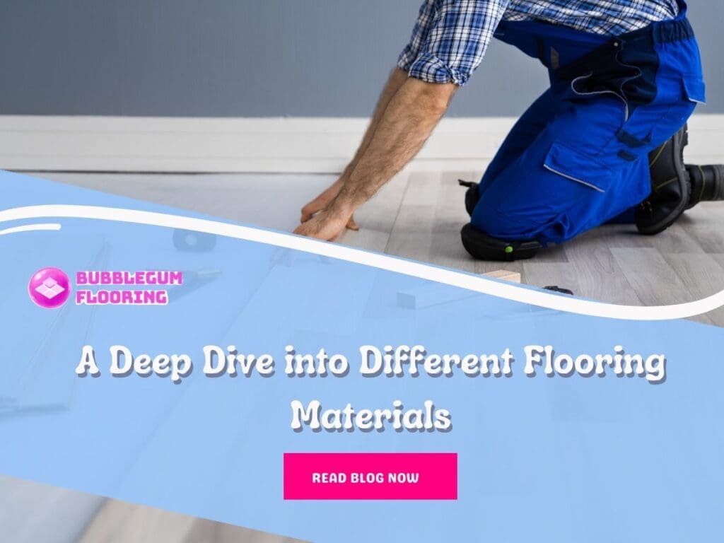 Front image of a blog titled "A deep dive into different flooring materials" with a person installing tiles as the background and the title displayed in elegant typography