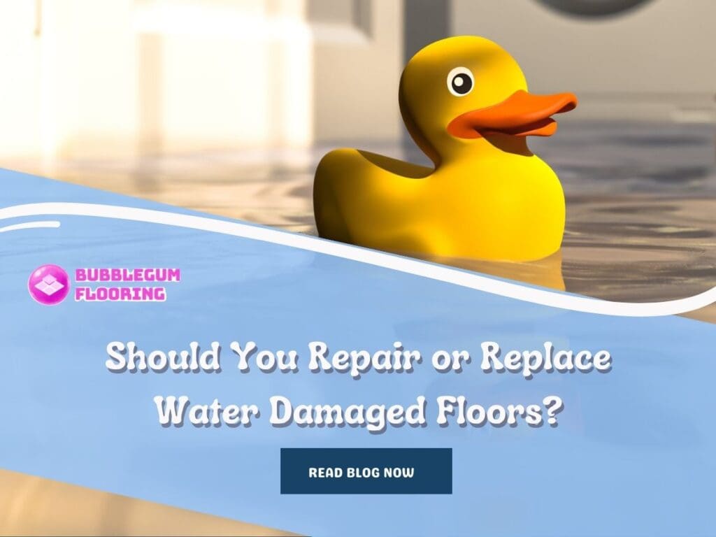 Front image of a blog titled "Should You Repair or Replace Water Damaged Floors?" with a water damaged floor as the background and the title displayed in elegant typography